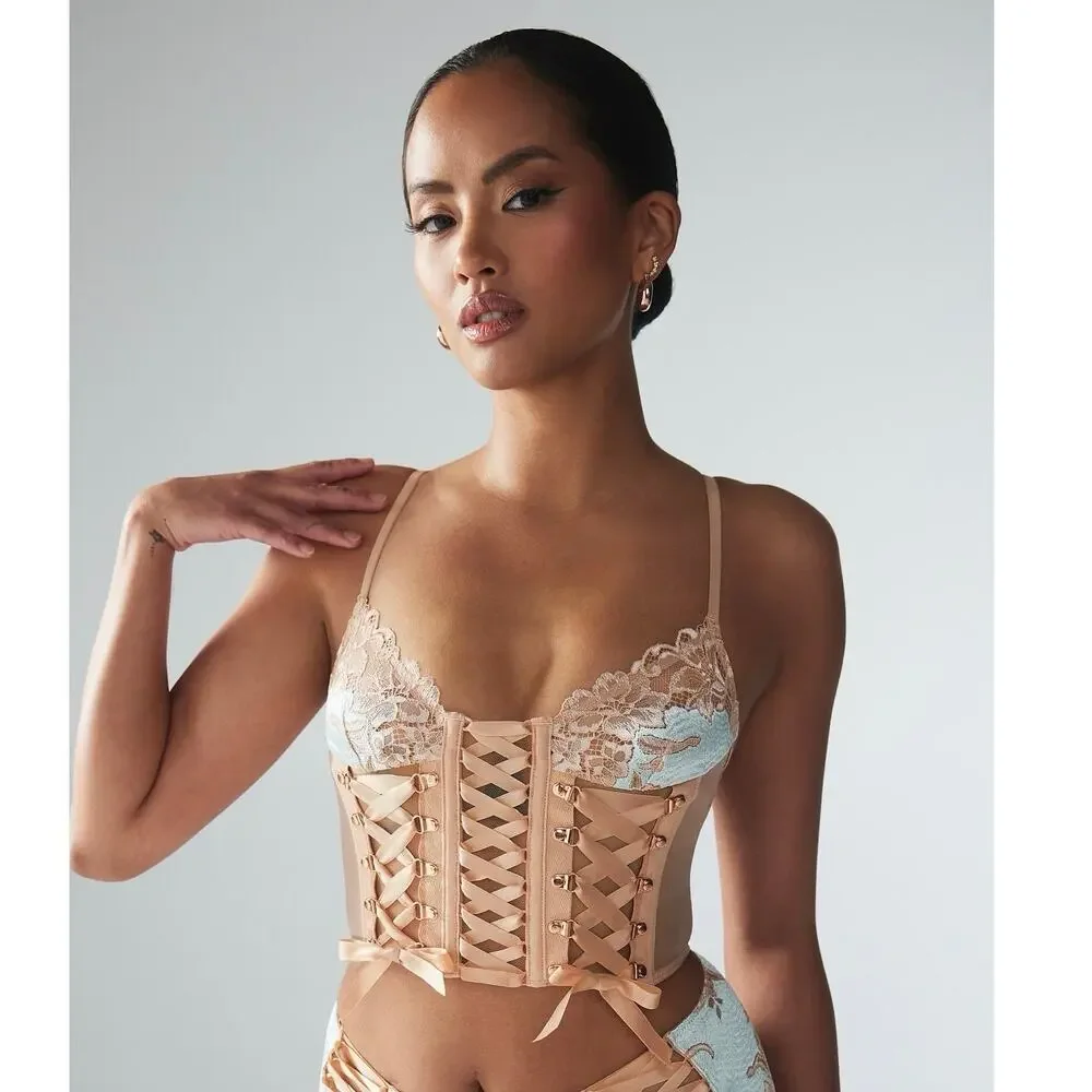 Savage x Fenty Laced Up Strappy Cami Corset Camisole Lace Mesh Bra Top L New